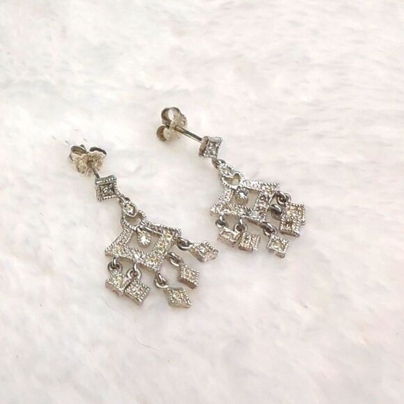 Vintage Sterling Silver and Tiny CZ Stone Drop Pierced Earrings - Picture 2 of 8